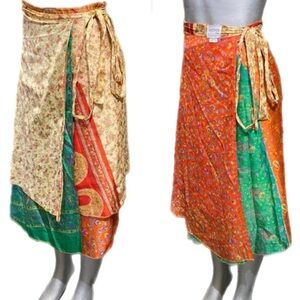 Westside Sari Wrap Magic Midi Skirt 100% Silk Layered Hippie Colorful Bohemian